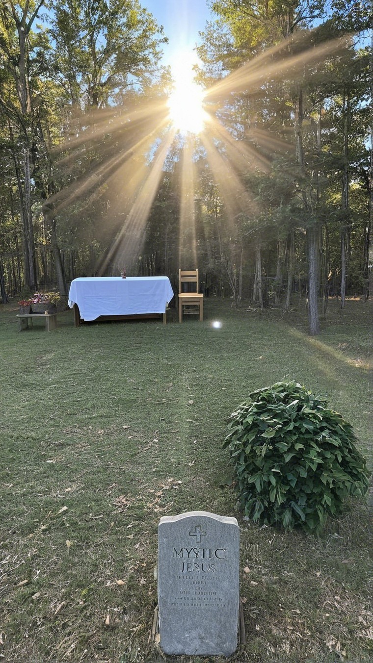 Serene Outdoor Setting with Table and Gravestone
