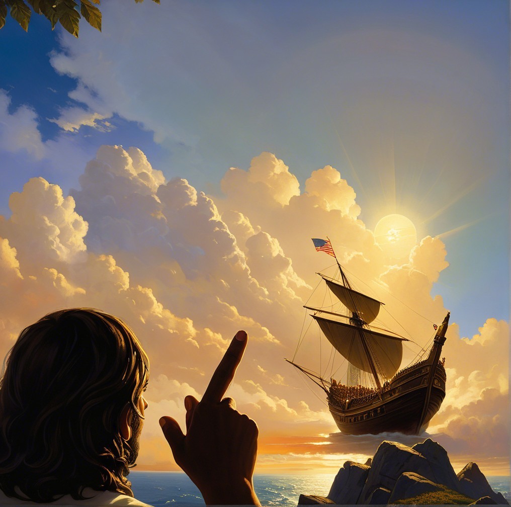 Majestic ship sailing into a sunset with vibrant sky
