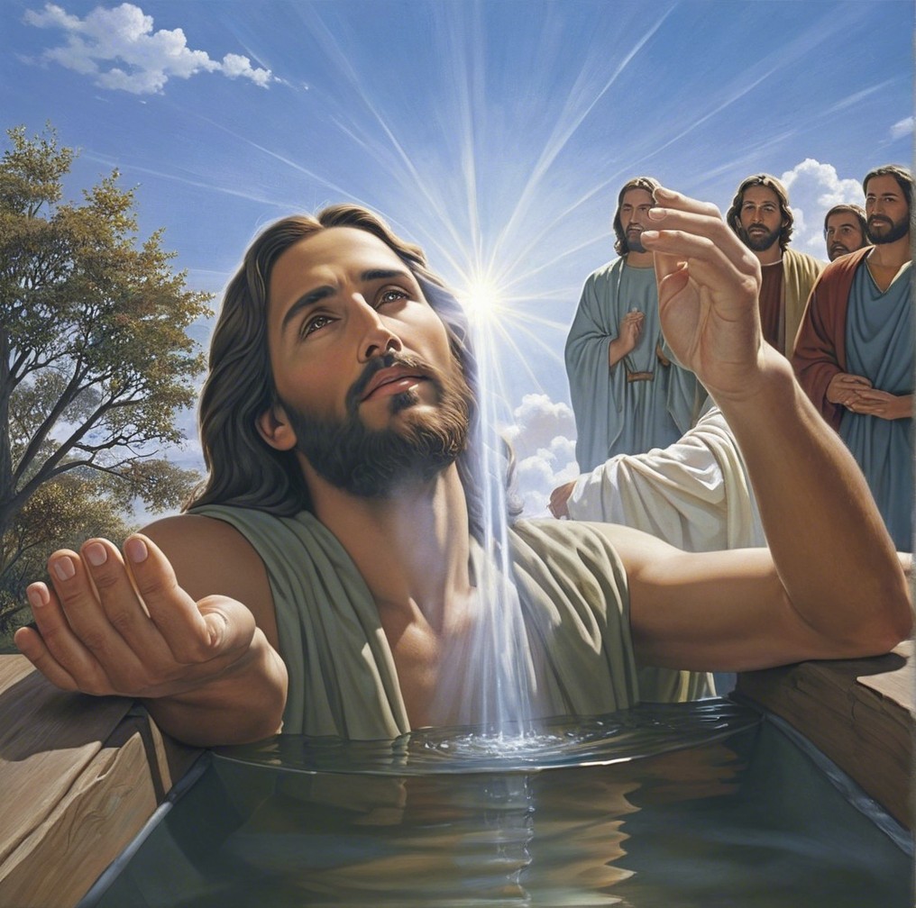 Jesus Figure in Tranquil Water with Followers