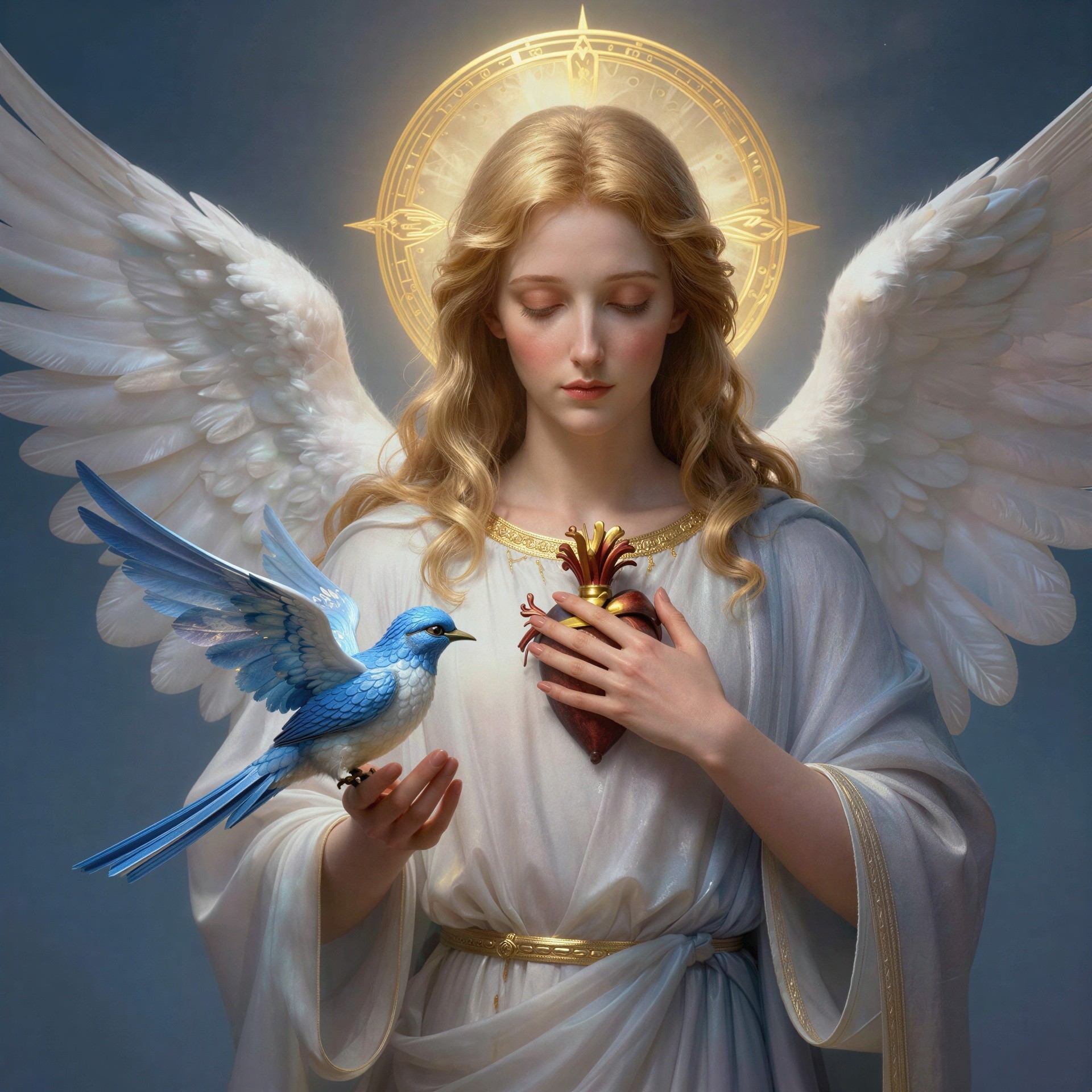 Angel with Blond Hair, White Dress, and Sacred Heart
