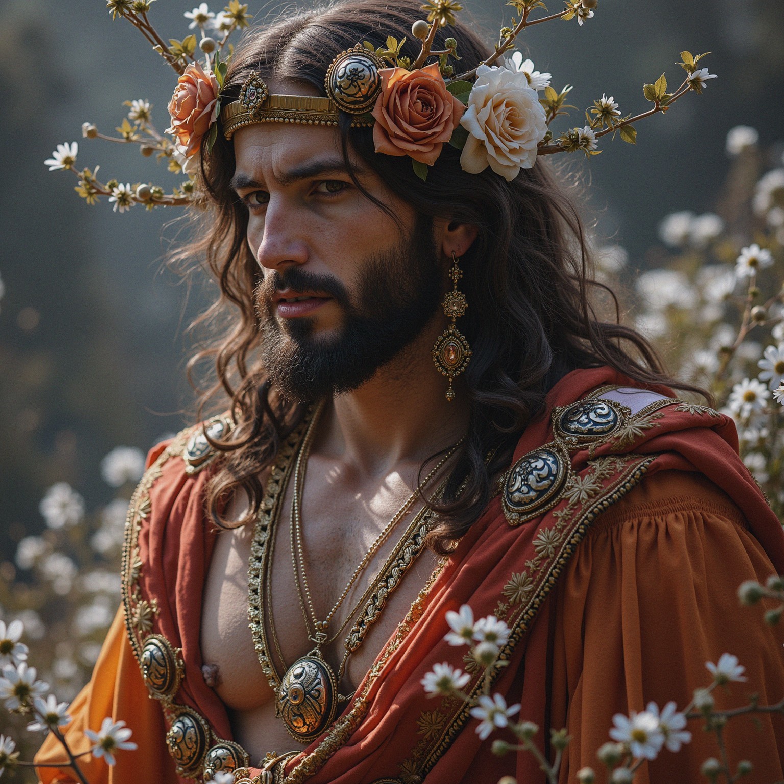 Regal figure in orange garment among daisies