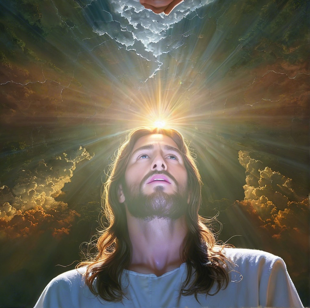 Serene Figure in Radiant Light and Cloudy Atmosphere