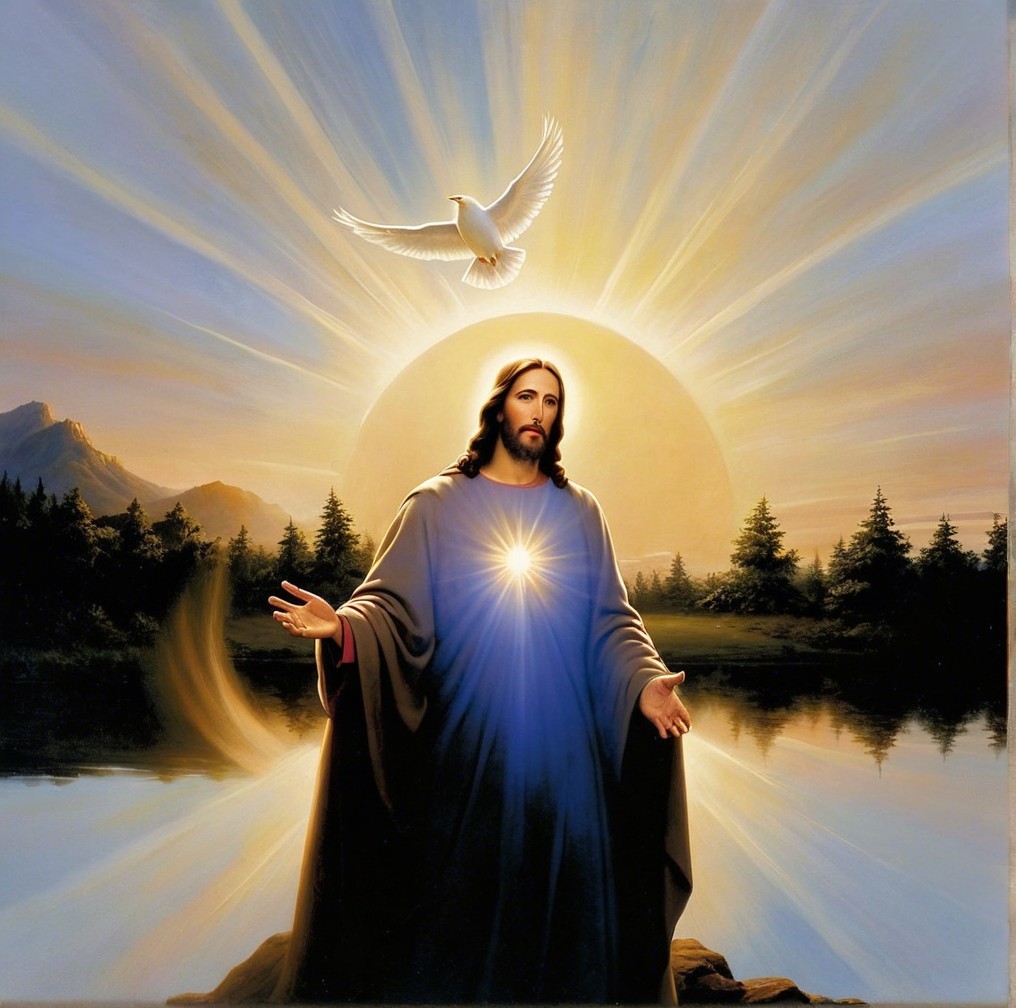 Serene Figure in Flowing Robes Against Radiant Background