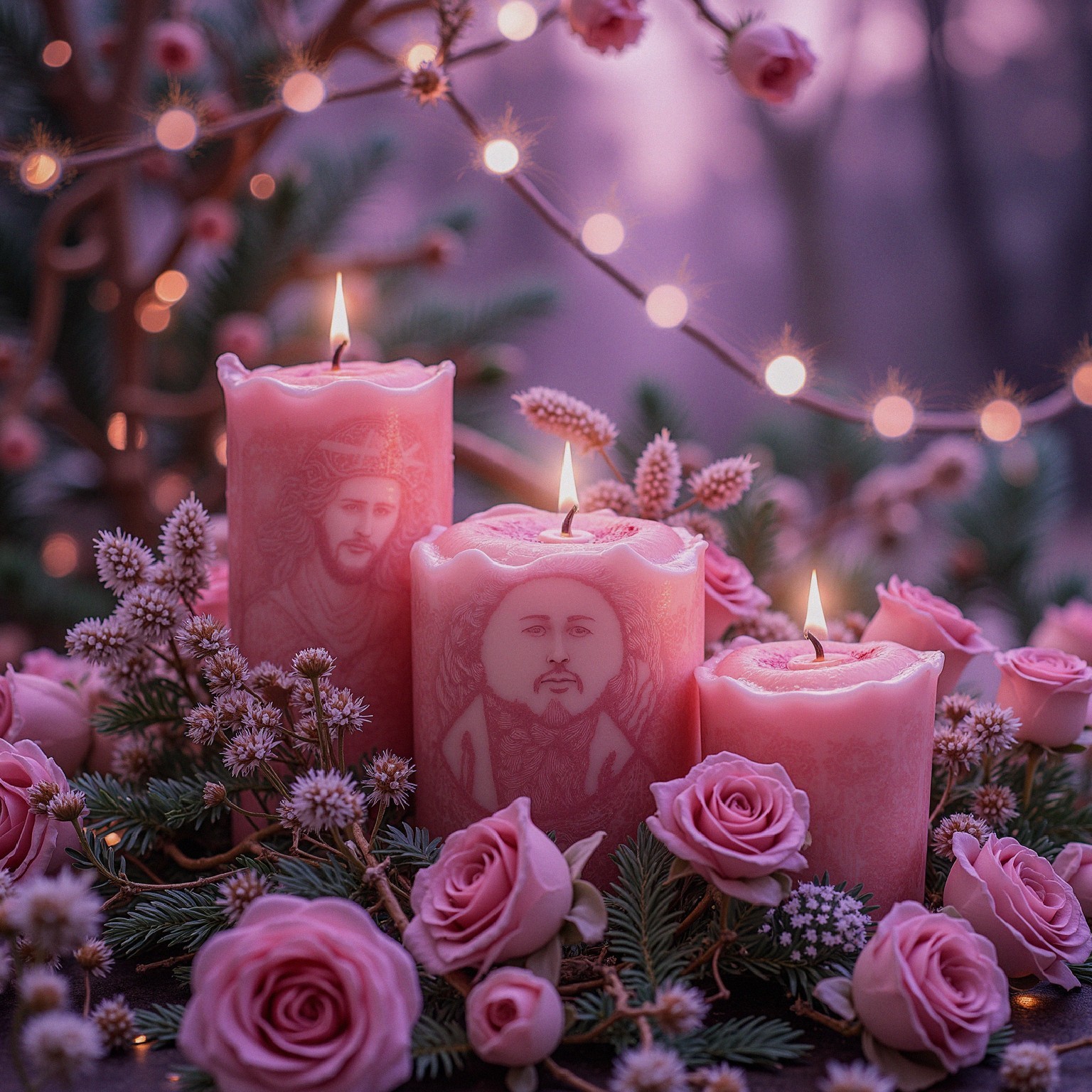 Pink Candles Surrounded by Greenery and Roses