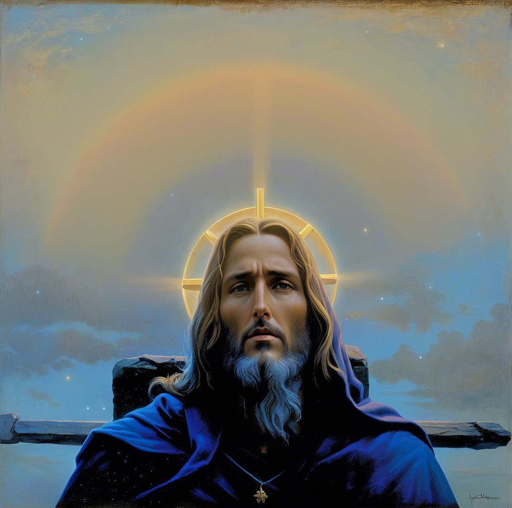 Serene figure in blue robe with glowing halo backdrop