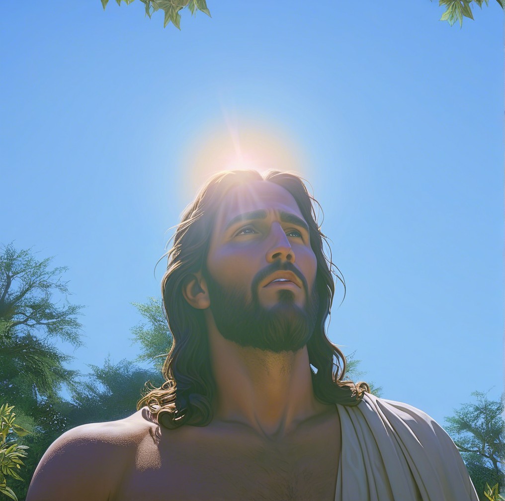 Serene figure with halo under blue sky and trees