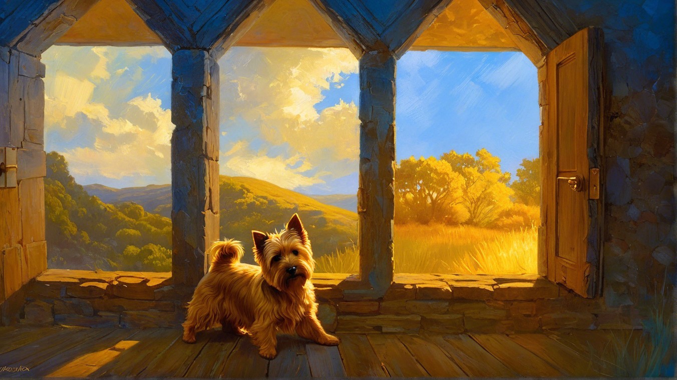 Cheerful Dog in Sunlit Stone Room with Scenic View