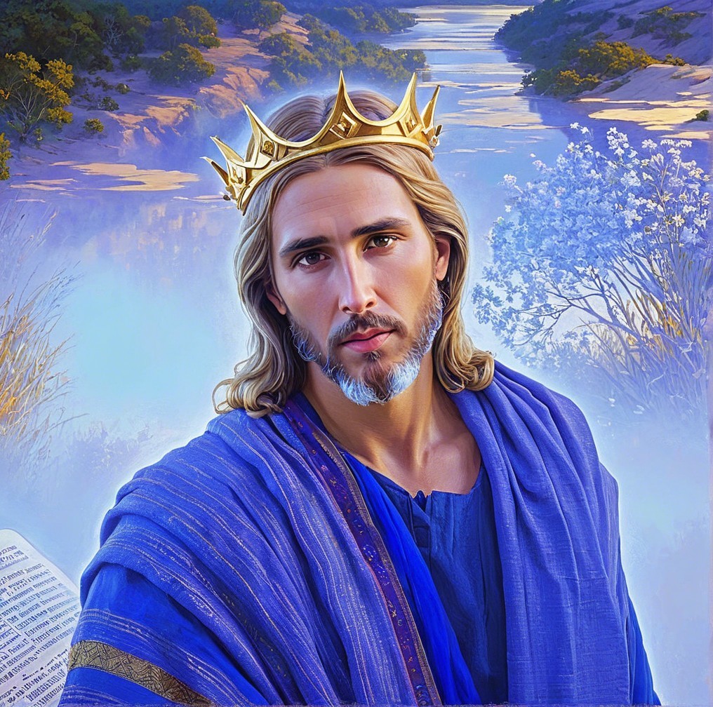 Regal figure in blue garments by a serene river