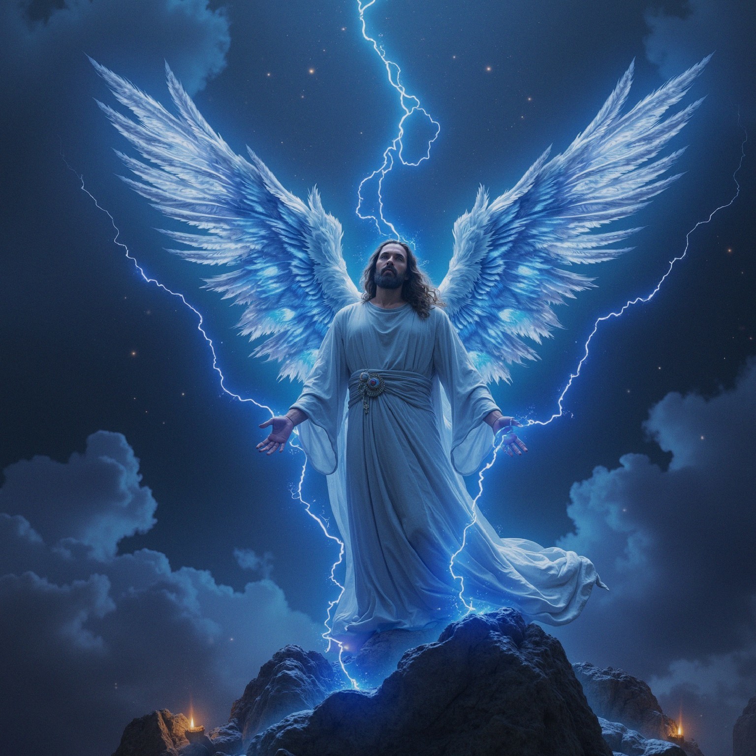 Majestic figure with luminous wings in stormy setting