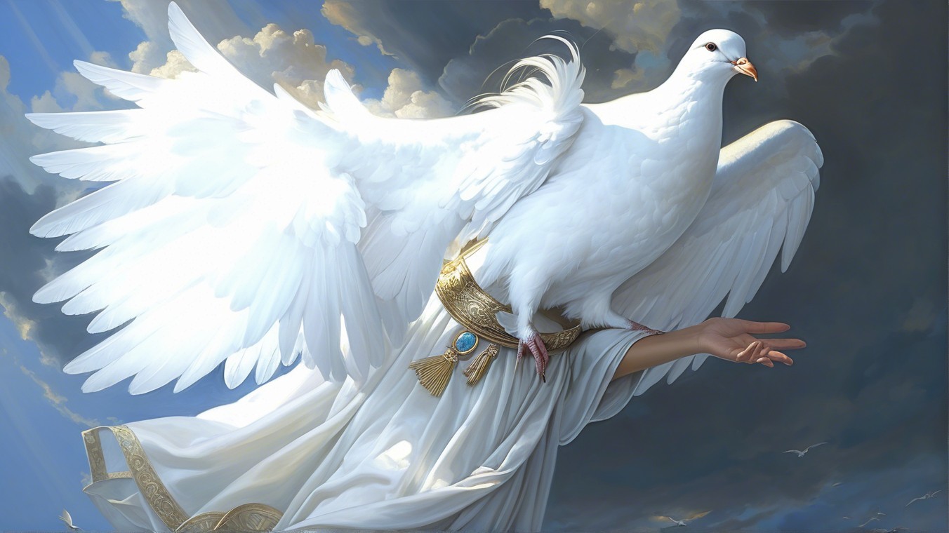 Ethereal Figure with Dove in Dramatic Sky Scene