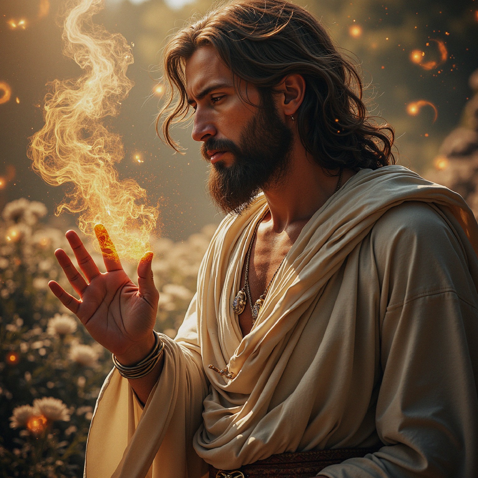 Mystical figure with glowing flames in serene landscape