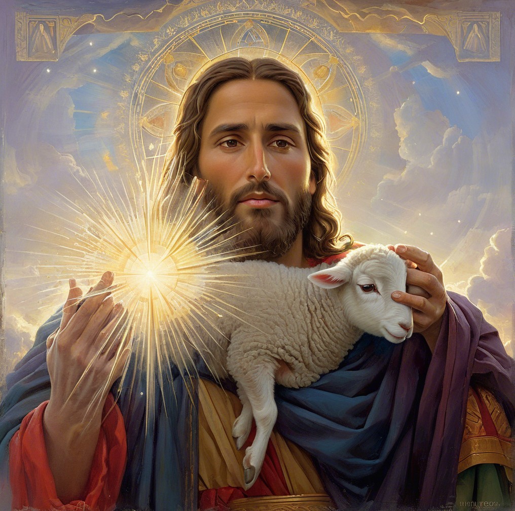 Ethereal Figure with Lamb Surrounded by Radiant Light
