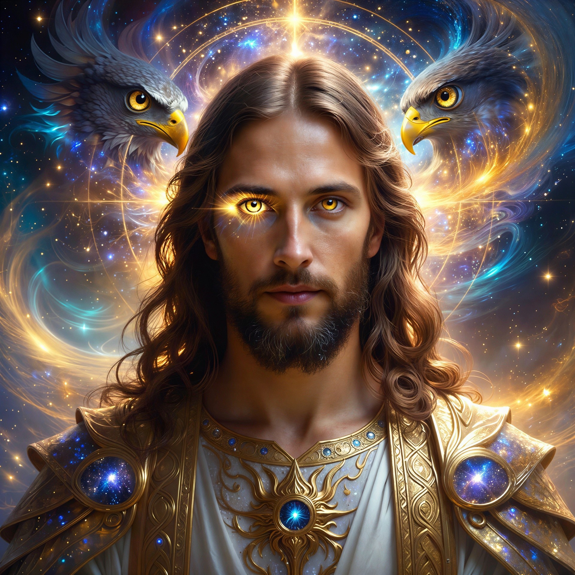 Photorealistic Cosmic Jesus with Golden Armor and Eagles