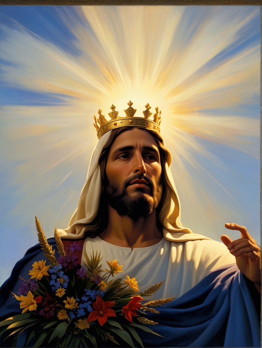 Regal Figure in Golden Crown with Colorful Flowers
