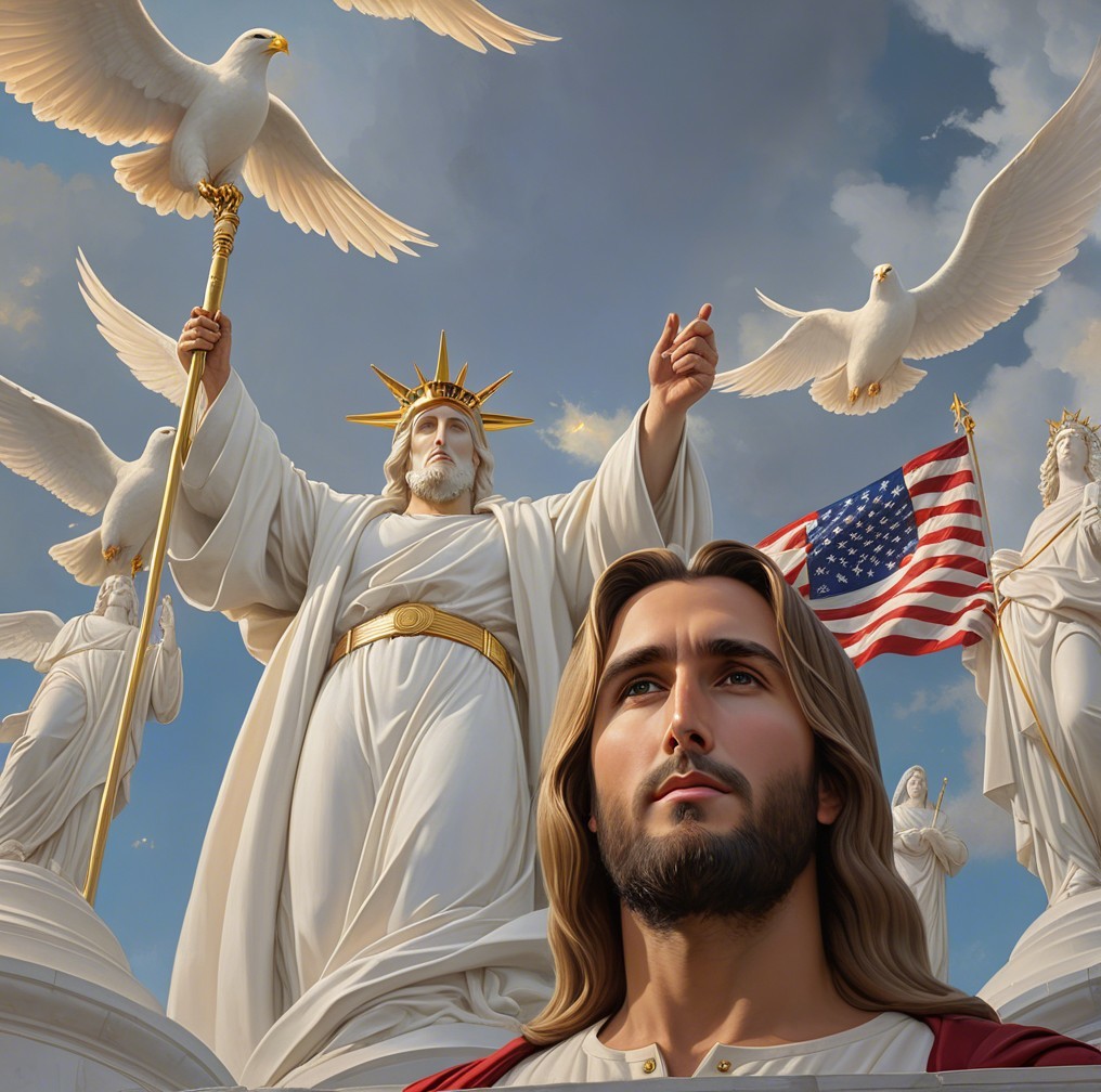 Religious Leader in White Robes with Doves and Flag