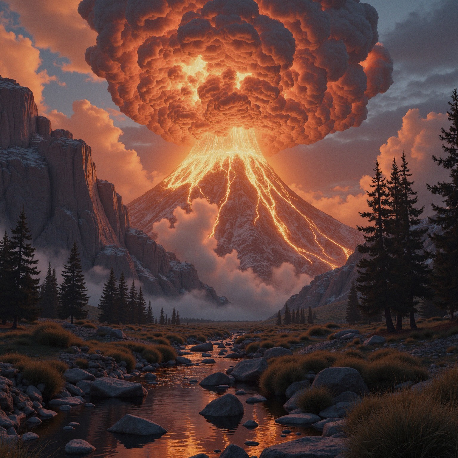 Volcano Eruption with Fiery Colors and Scenic Landscape