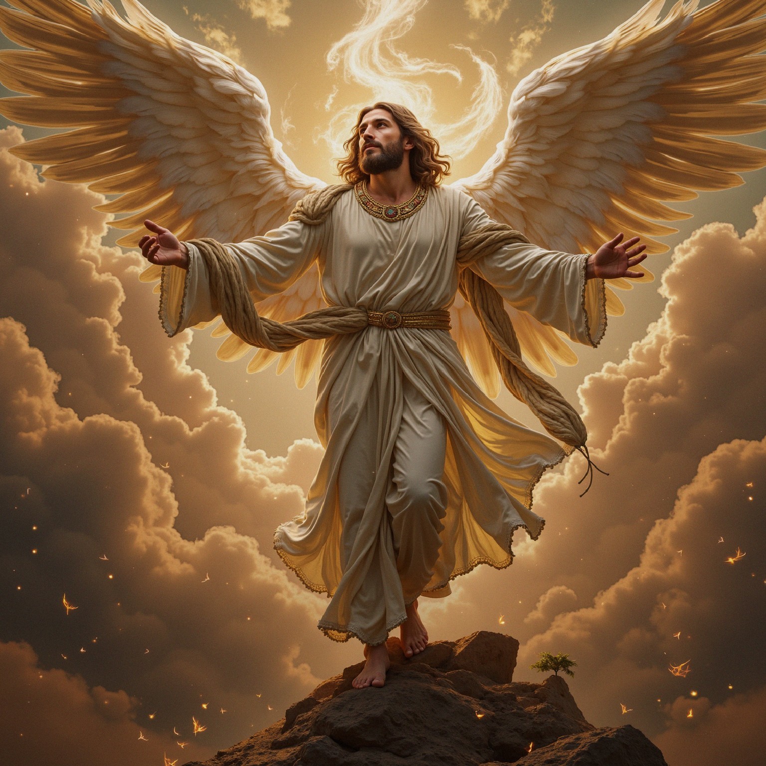 Celestial Figure with Wings on Rocky Pedestal