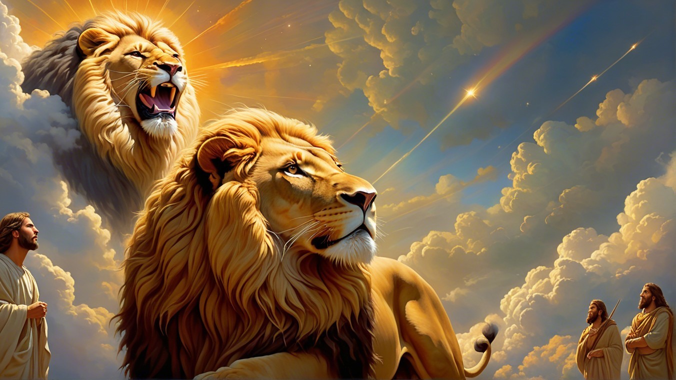 Lions in Dramatic Sky with Spiritual Silhouettes