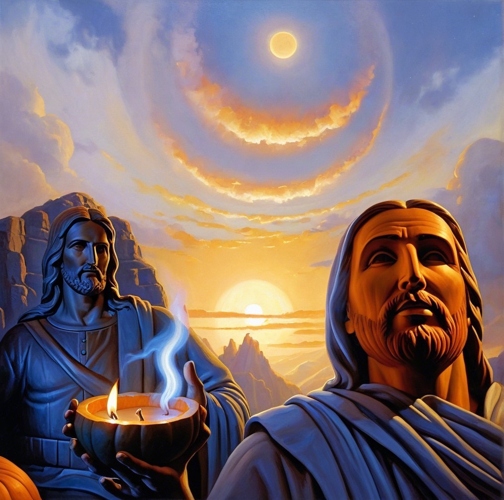 Artwork of Serene Figures Against Dramatic Sky