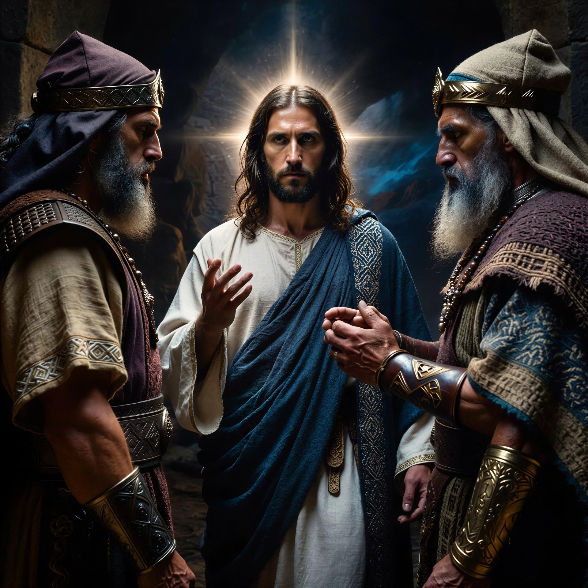 Close-up depiction of three men with dramatic lighting