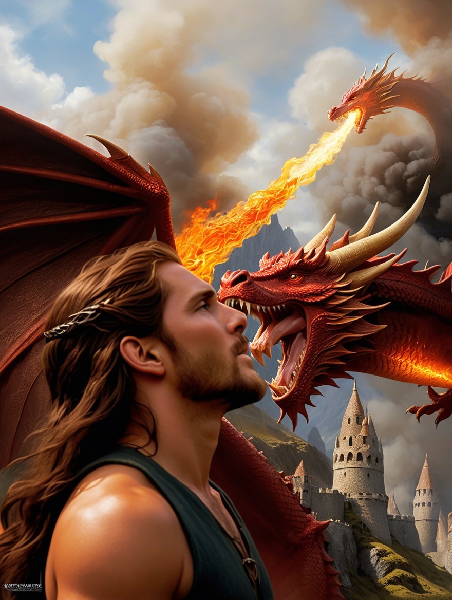 Warrior Confronts Dragon Above Medieval Castle