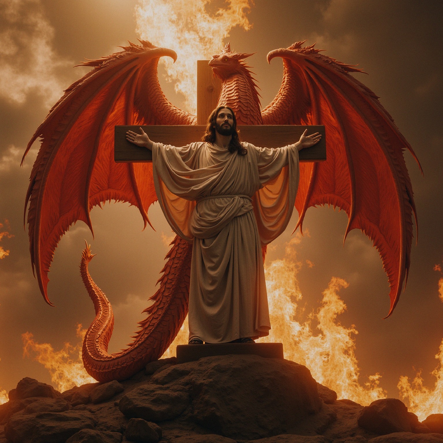 Surreal Scene of Figure on Cross Amidst Flames and Dragons