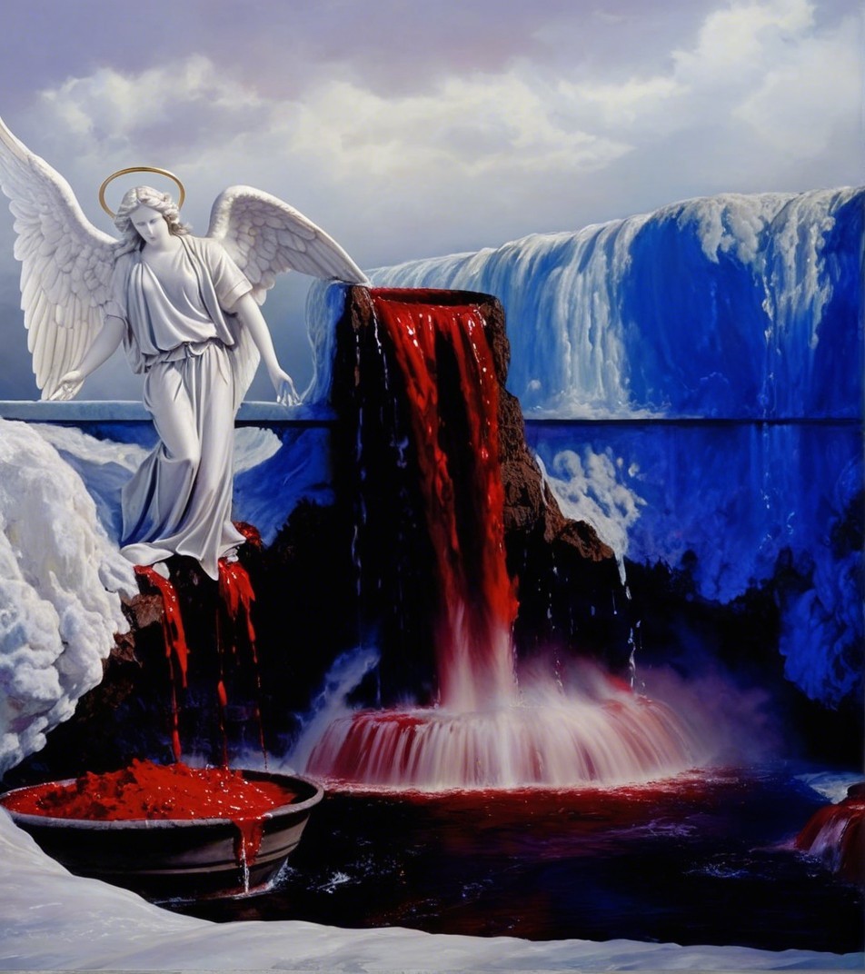 Angel by a Waterfall with Crimson Liquid Flow
