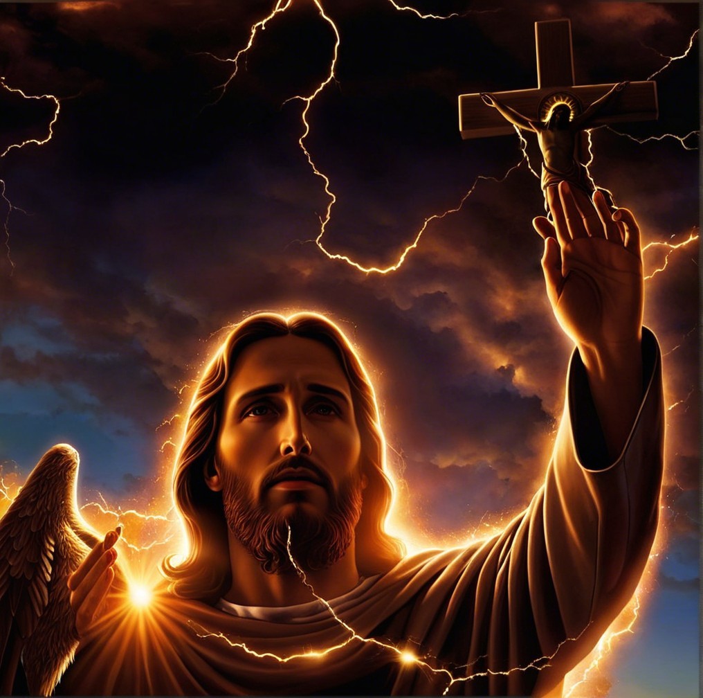 Radiant Religious Figure Surrounded by Clouds and Lightning