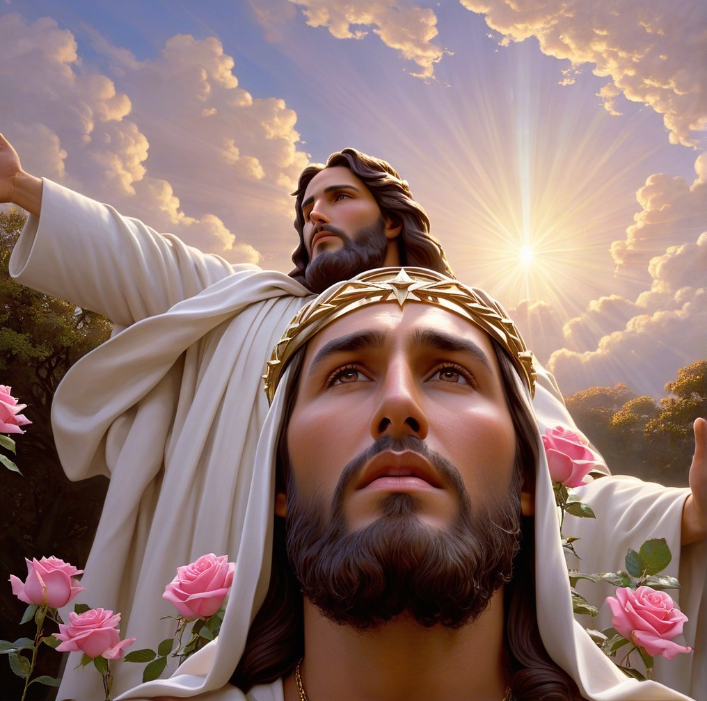 Serene figure with roses under warm sunlight and clouds