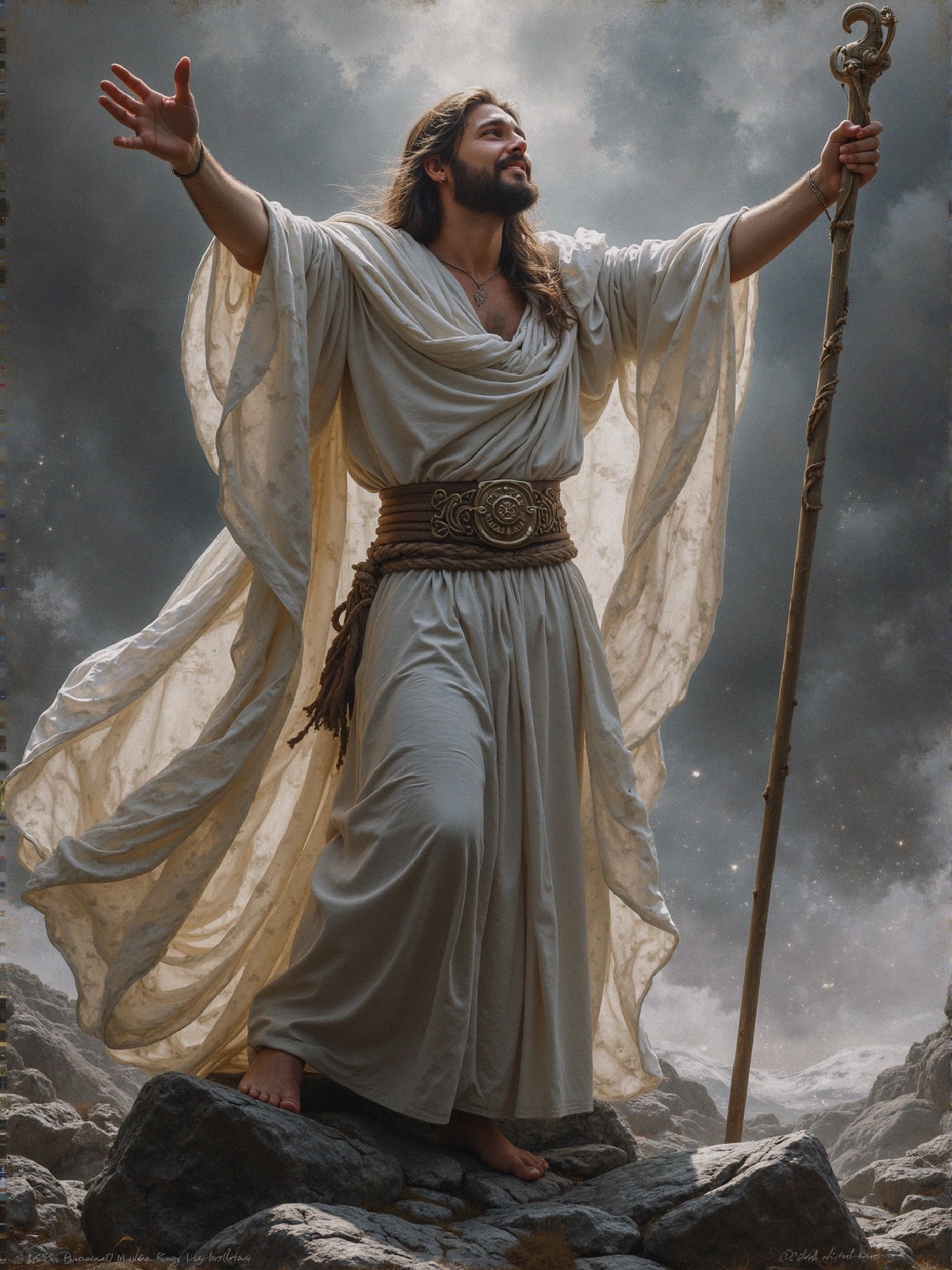 Majestic figure on stones with dramatic sky backdrop