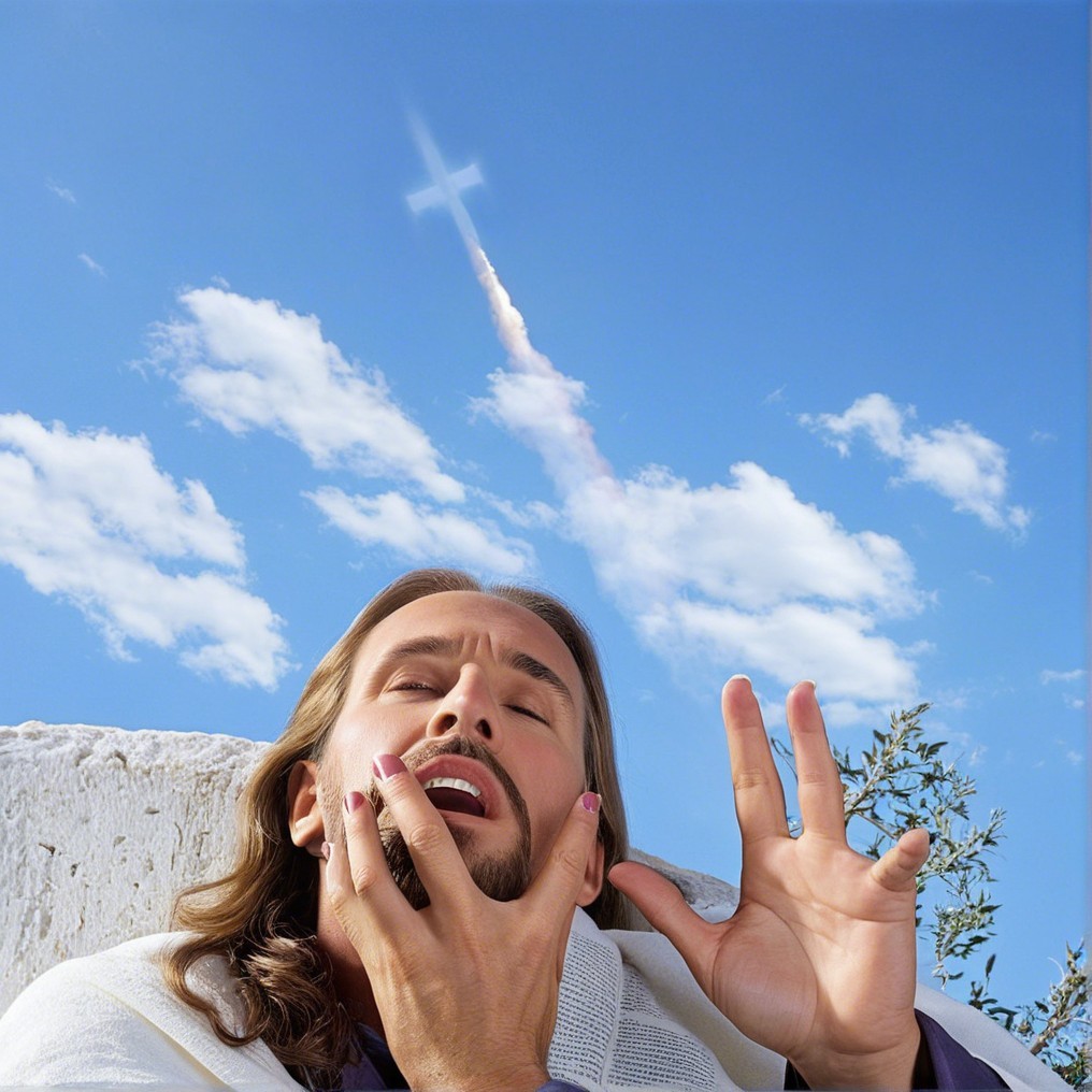 Contemplative Figure Under Ethereal Cross and Sky