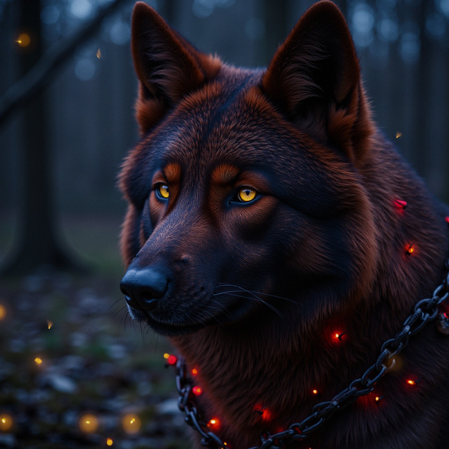 Majestic Wolf-Like Creature in Dimly Lit Forest