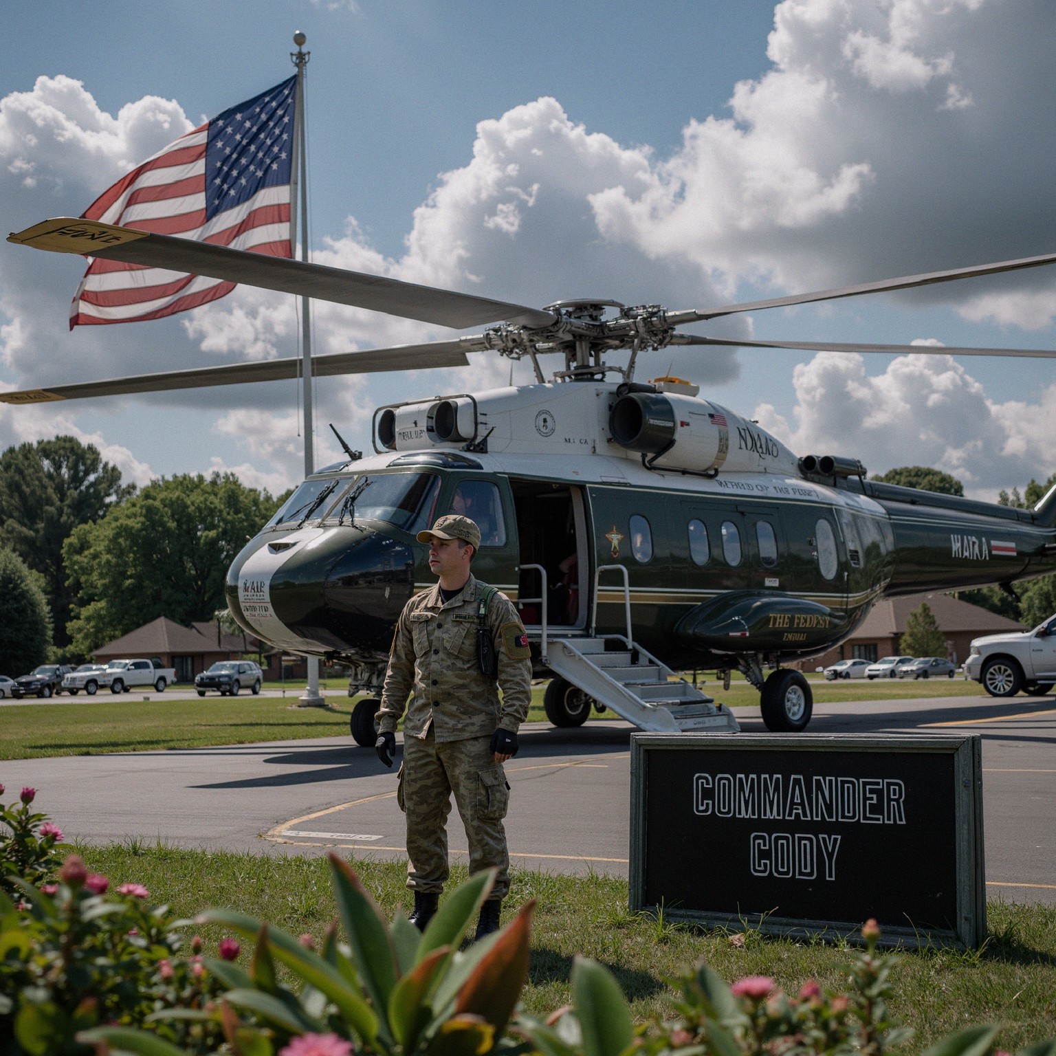 Military Helicopter with Soldier and American Flag