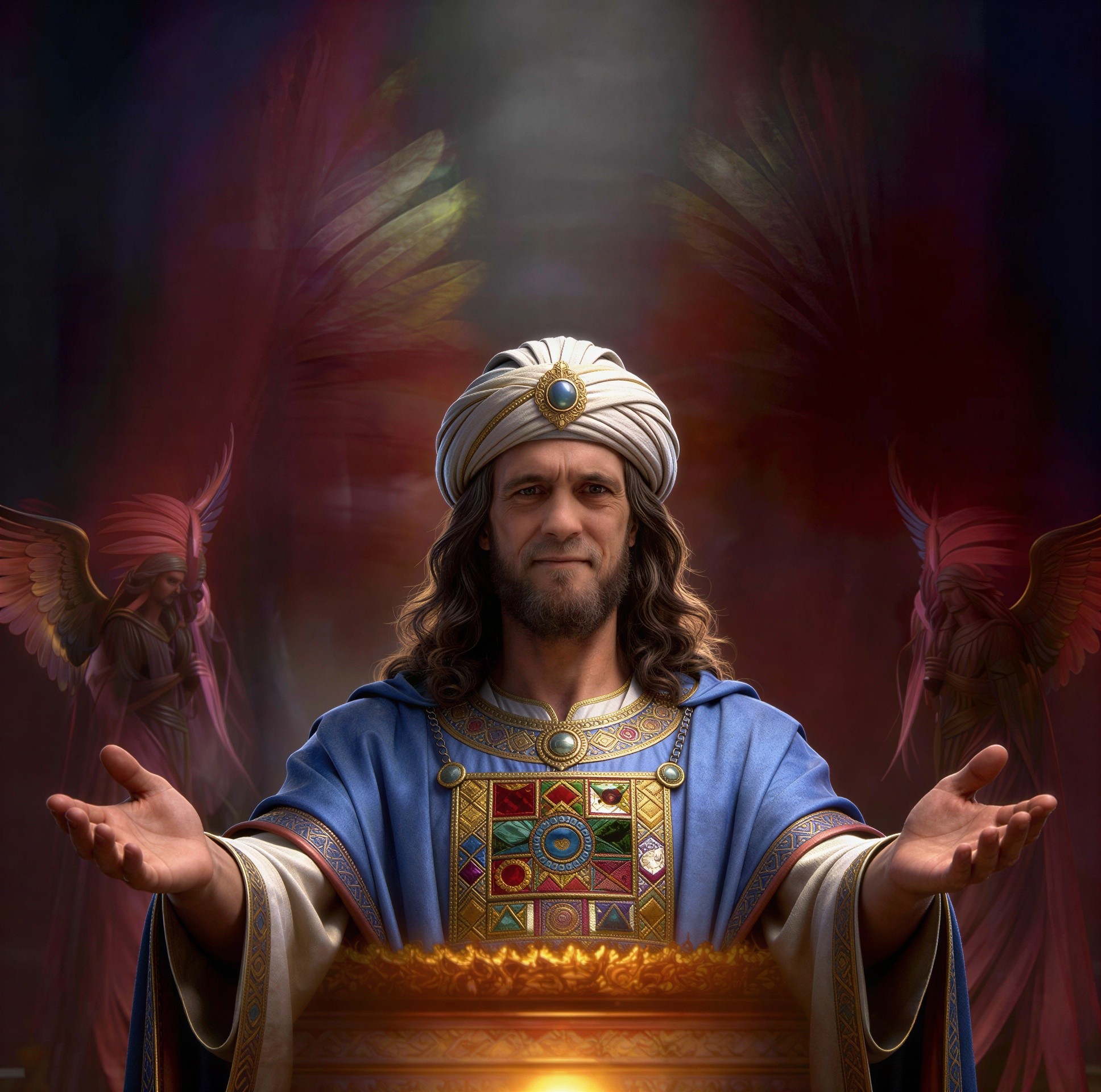 Man in Turban and Robe Before Glowing Golden Chest