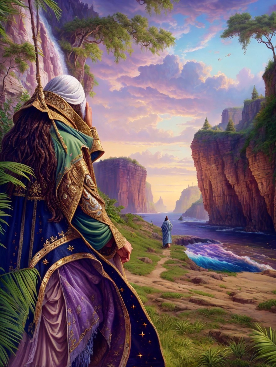 Cloaked Figure Overlooking Serene River Landscape