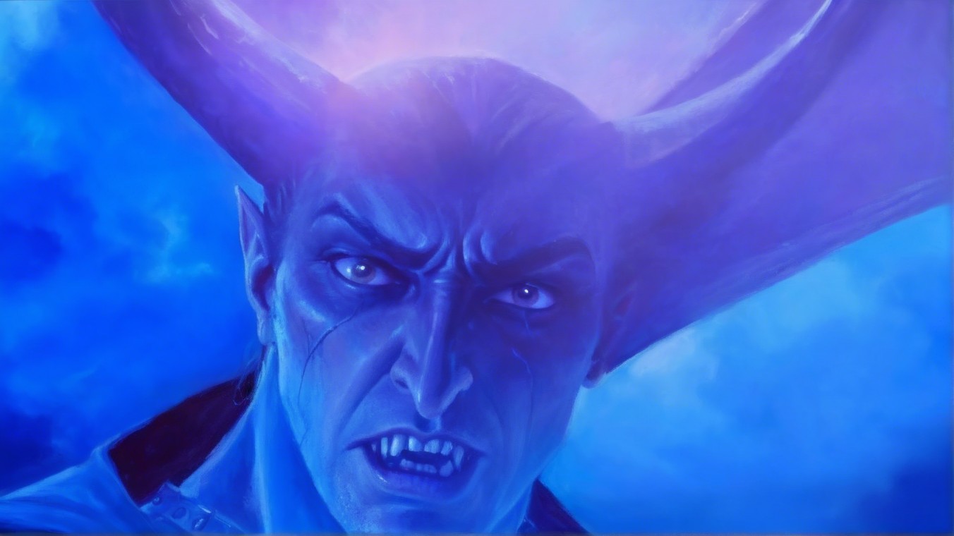 Close-up of a fierce blue-skinned horned figure