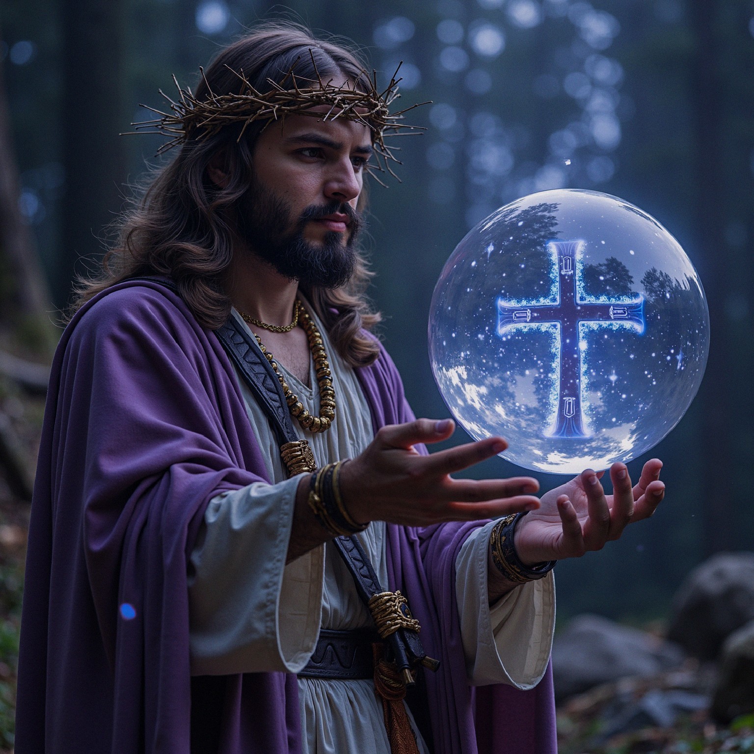Man in Purple Robe with Crystal Ball in Misty Forest