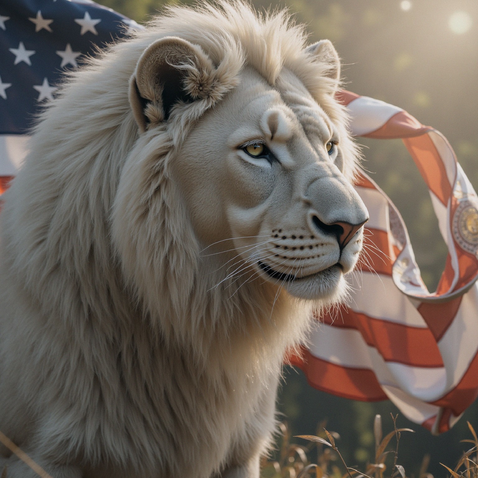 White lion with American flag at dusk setting