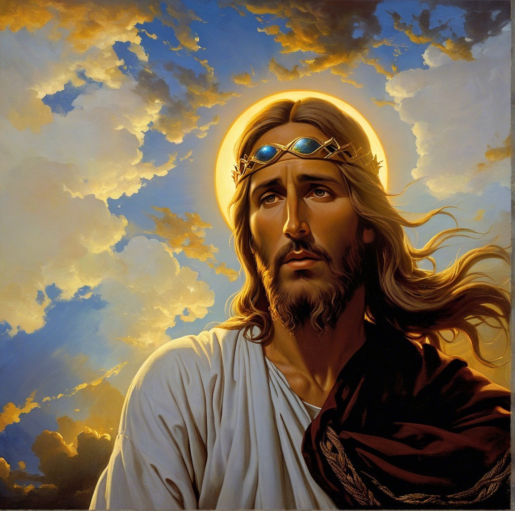 Serene figure with flowing hair and jeweled crown