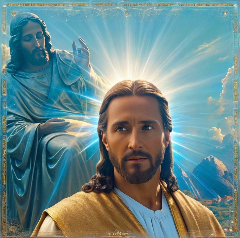 Serene figure in flowing robes with ethereal backdrop