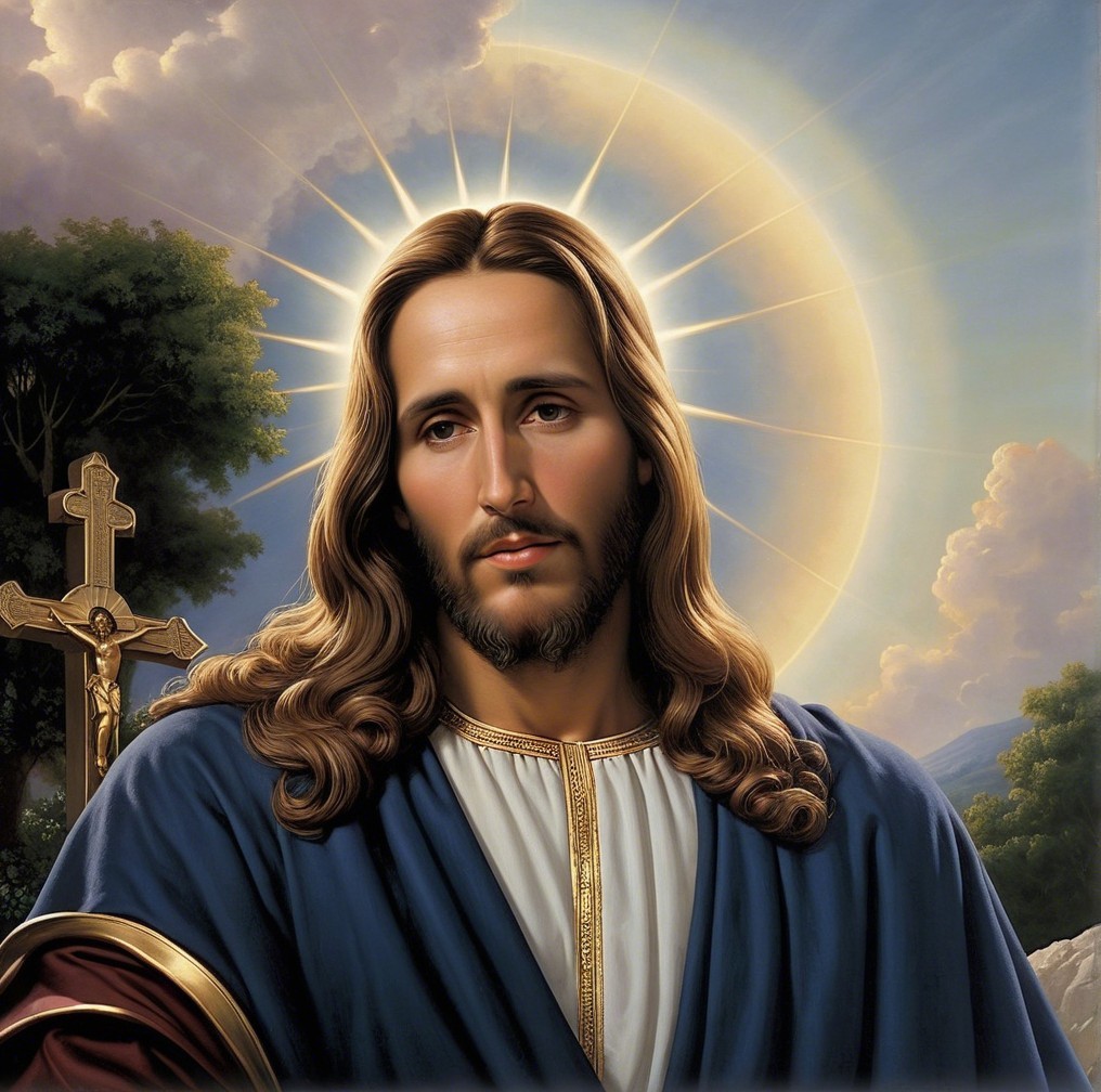 Serene figure in blue robe with halo in lush landscape