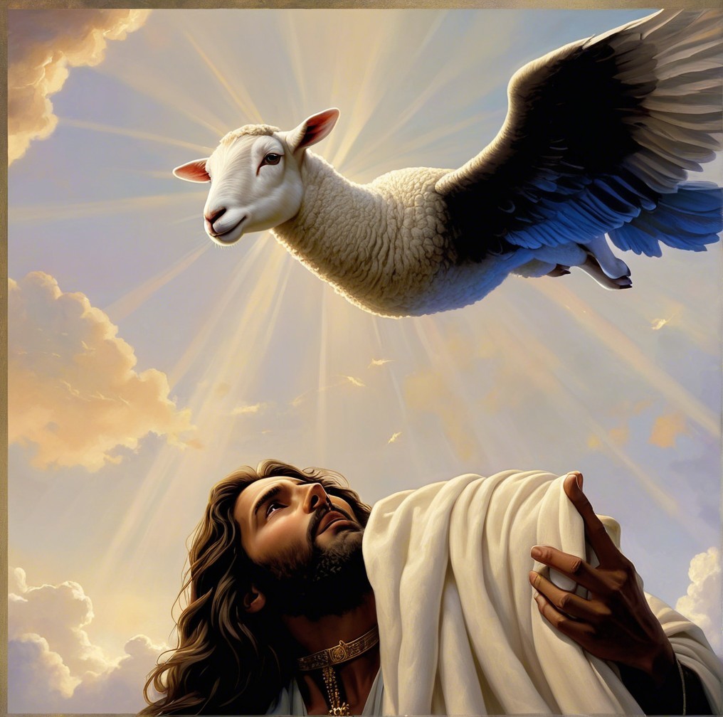 Serene Artwork Featuring Winged Sheep and Divine Light