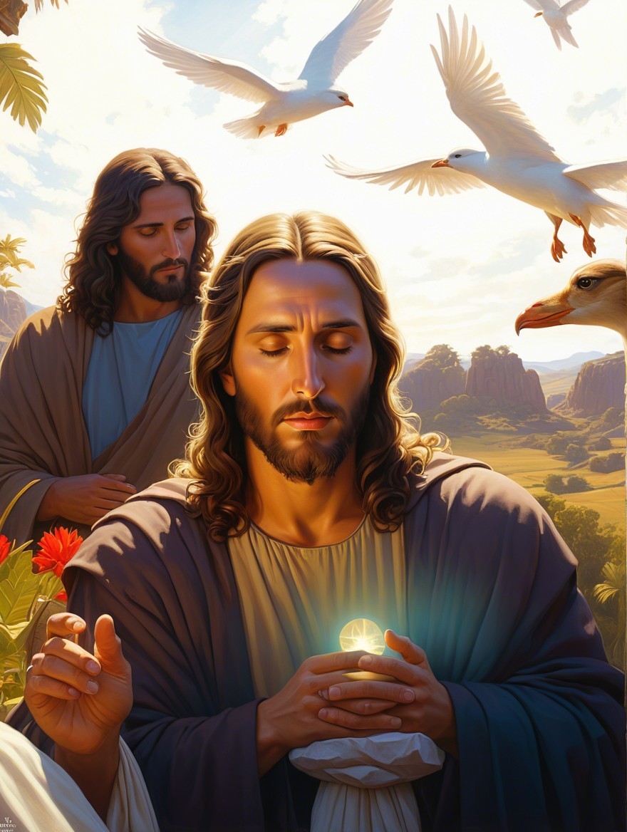 Serene Scene with Central Figure and Lush Landscapes