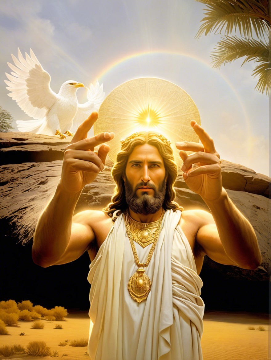 Divine figure in white robe with rainbow and dove