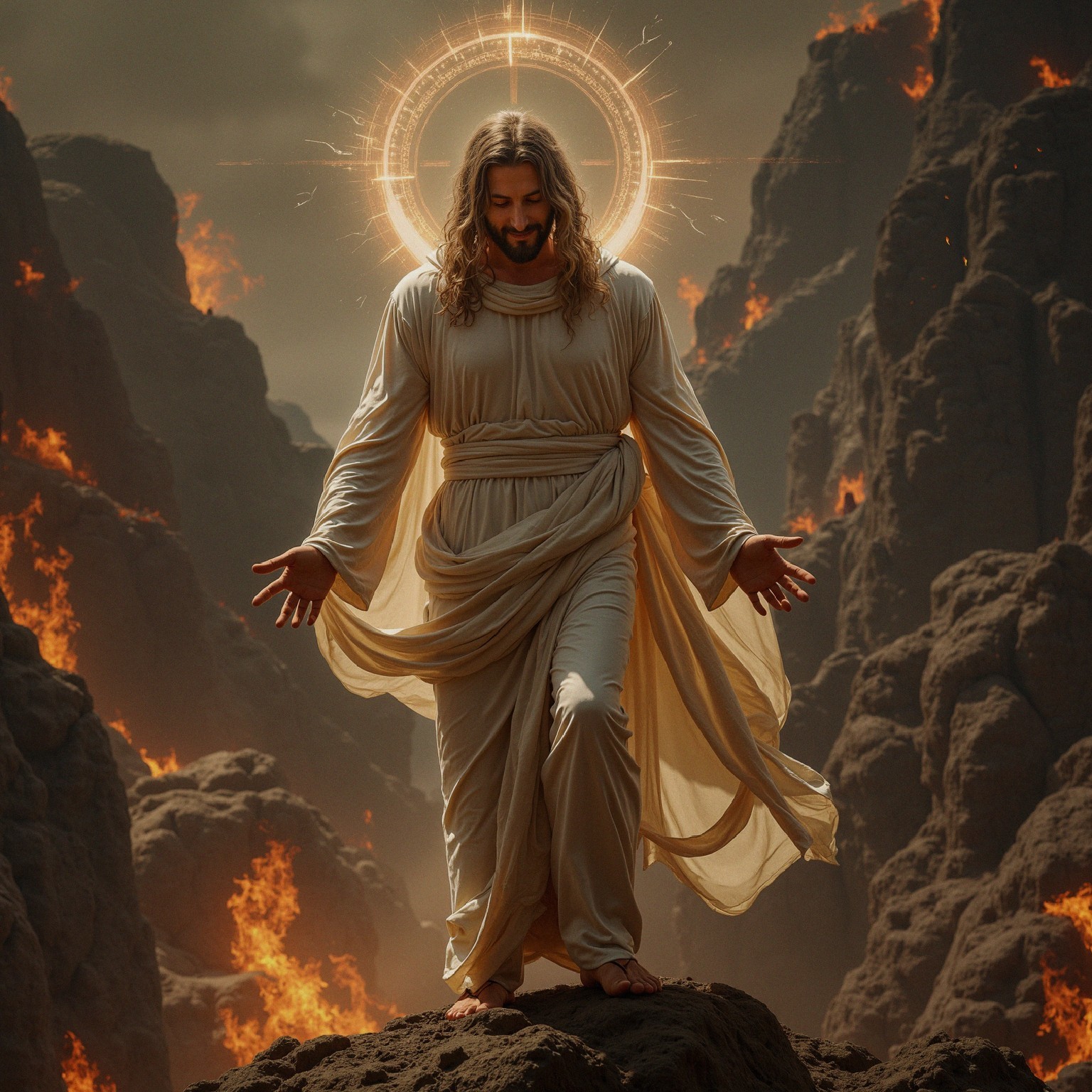 Serene Figure in Flowing Robes Amidst Dramatic Landscape