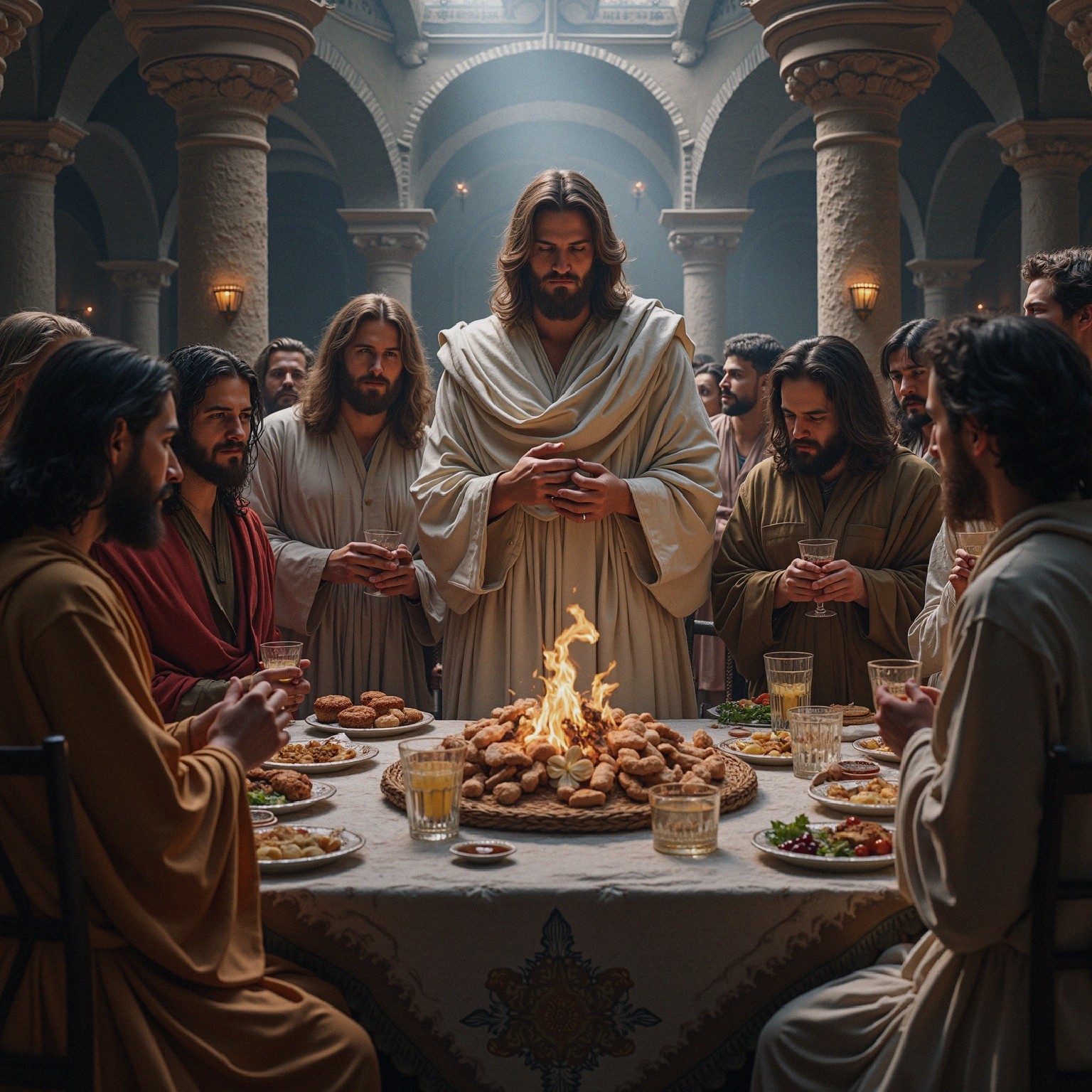 Gathering of Men in Ancient Robes Around a Feast