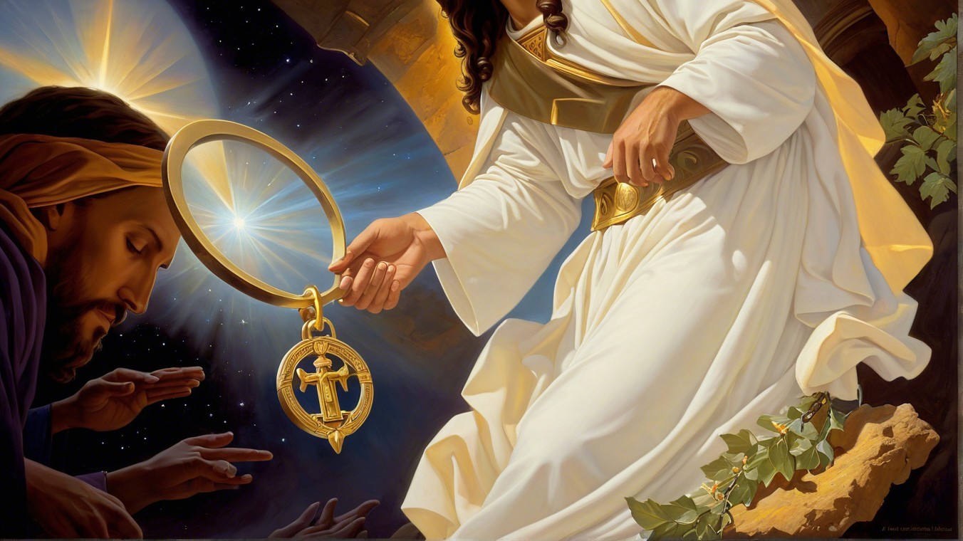 Divine Encounter with Radiant Figure and Golden Ring