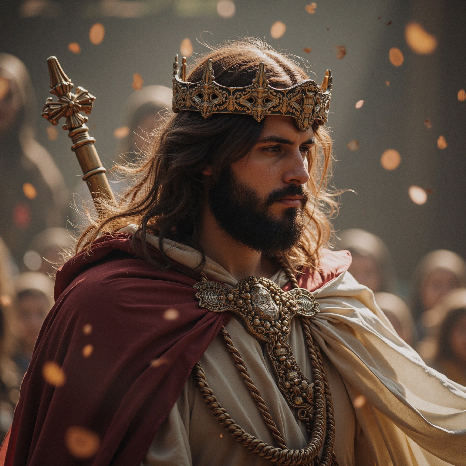 Regal Figure in Flowing Robes and Majestic Crown
