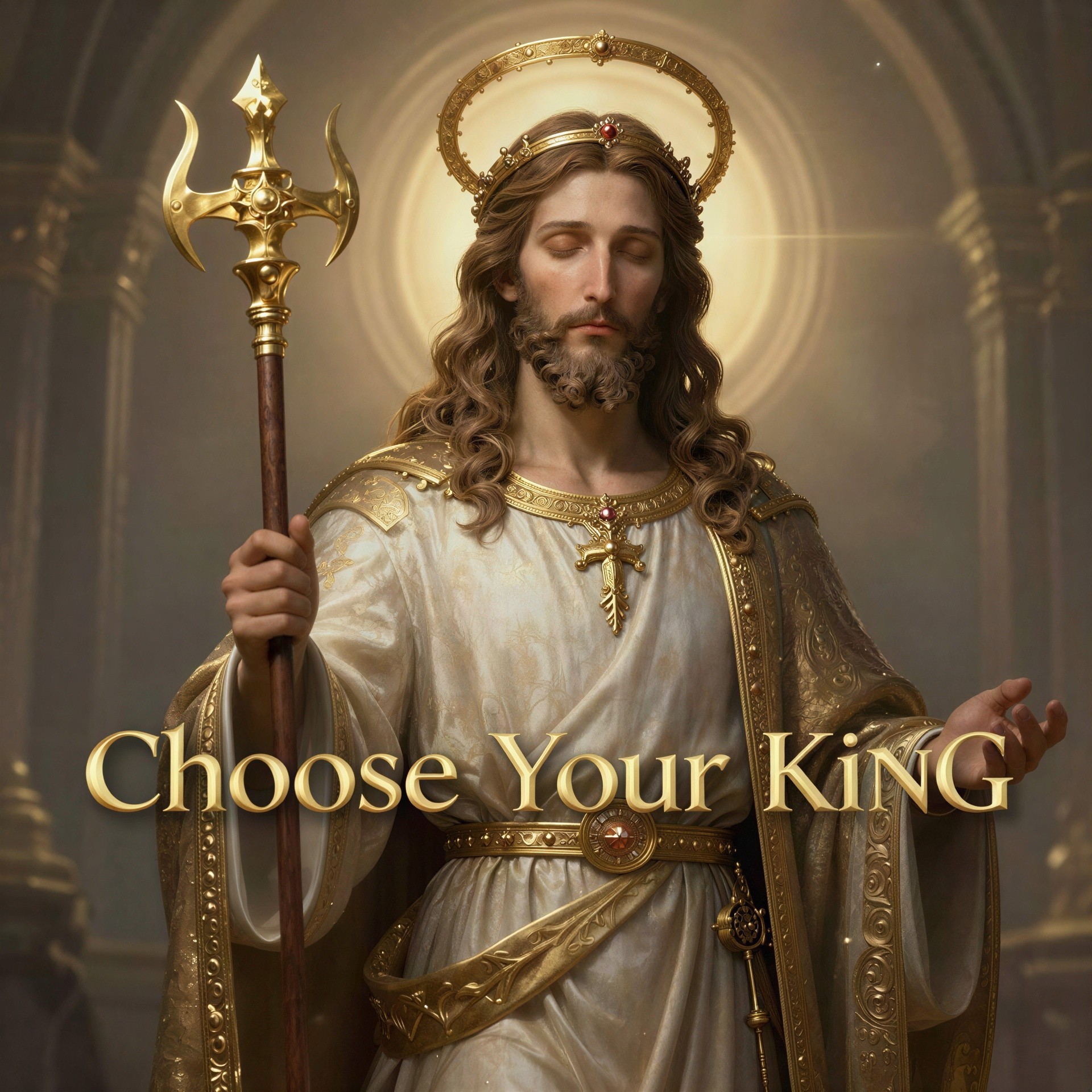 Jesus Christ in White and Gold Robe with Halo Background
