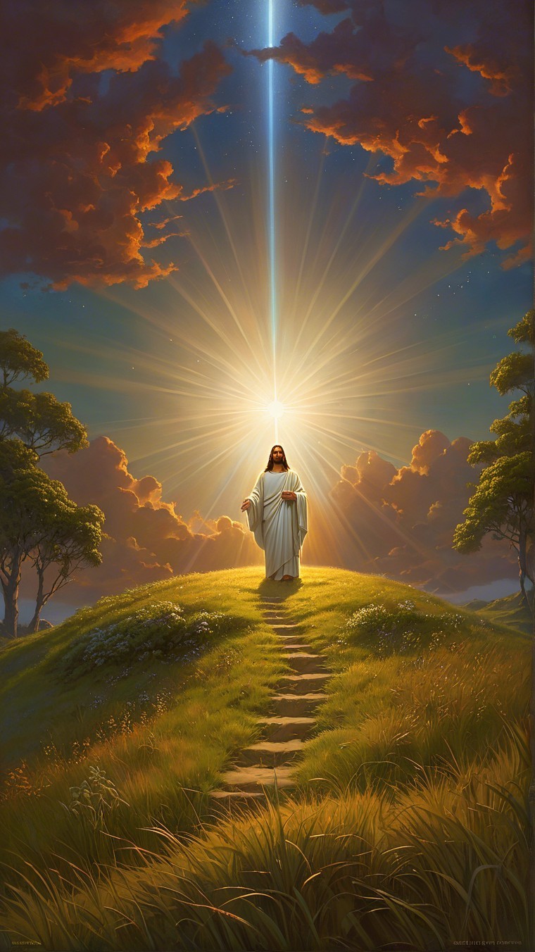 Serene landscape with sunlight and peaceful figure